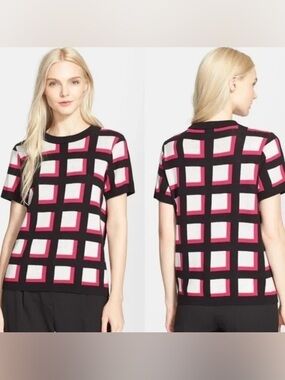 KATE SPADE | Geometric Windowpane Short Sleeve Sweater Size XS